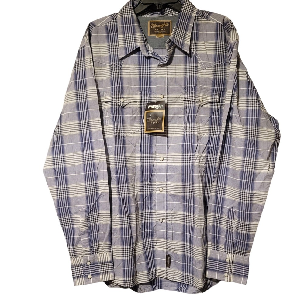 Wrangler Retro Premium Western Shirt XXL Blue White Plaid Snap Front MVR299M NEW